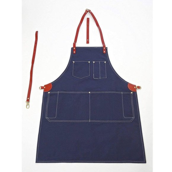Blue Canvas and Leather Utility Apron with Pockets - Picture 4 of 8